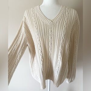 Lauren Ralph Lauren Cream Crochet Cotton V-Neck Sweater